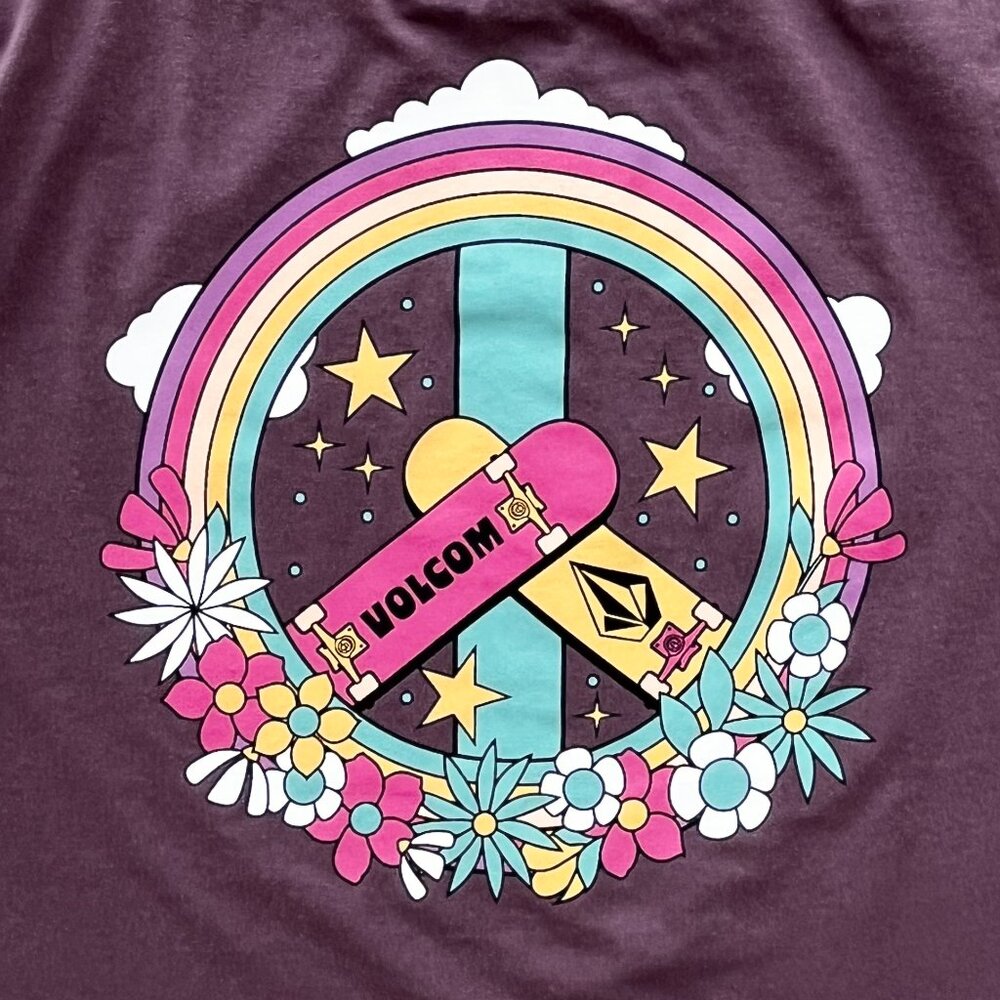 VOLCOM LAST PARTY SKATE PEACE SYMBOL TEE SHIRT Women’s sz XL Mauve